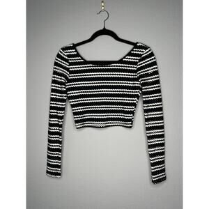 AQUA Long Sleeve Embroidered Black White Stripe Cut Out Crop Top Womens Size XS